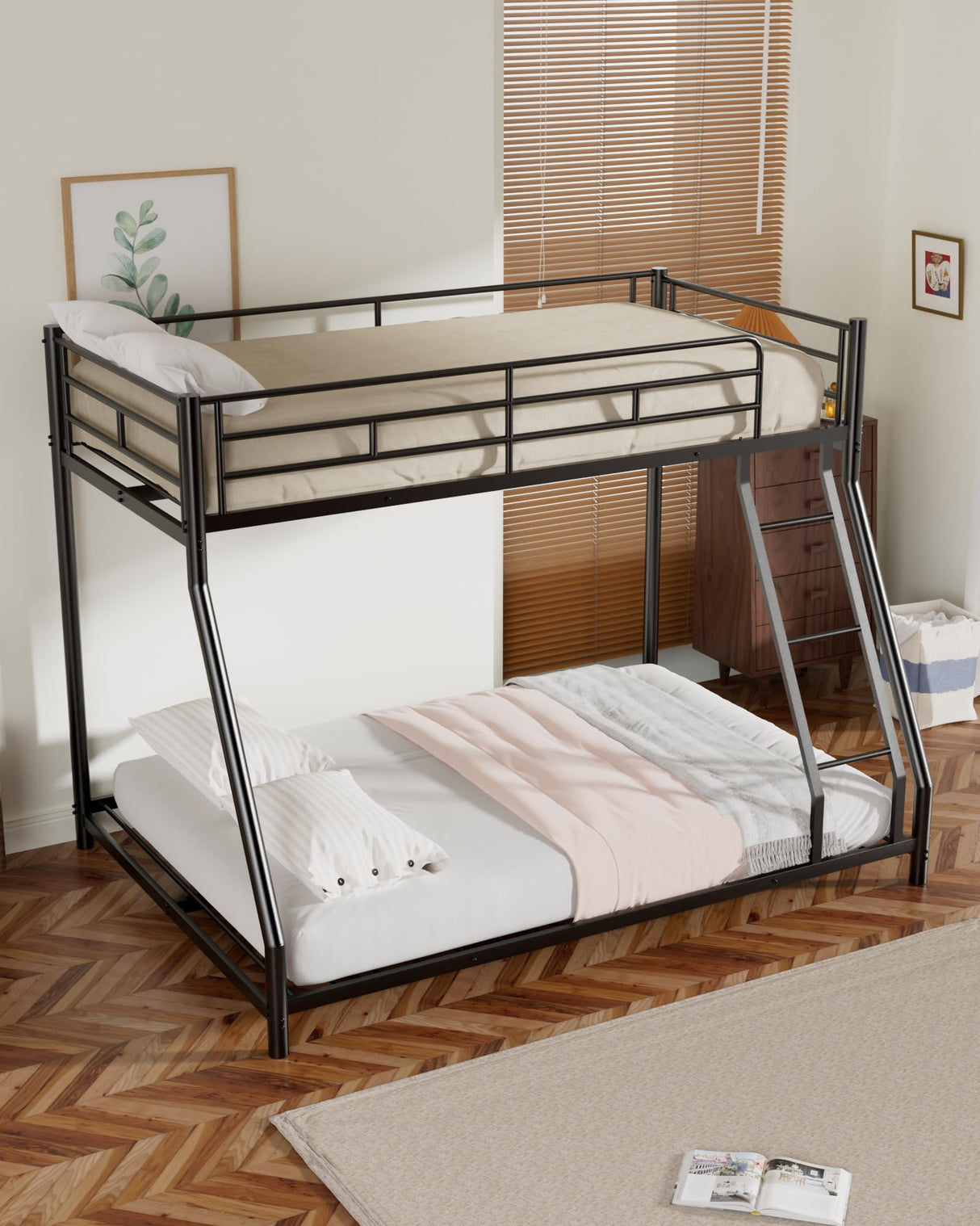 Miscoos Metal Twin Over Full Bunk Bed, Heavy Duty Bunk Beds with Safety Guardrail and Ladder, Noise Reduction, No Box Spring Needed, Black Miscoos