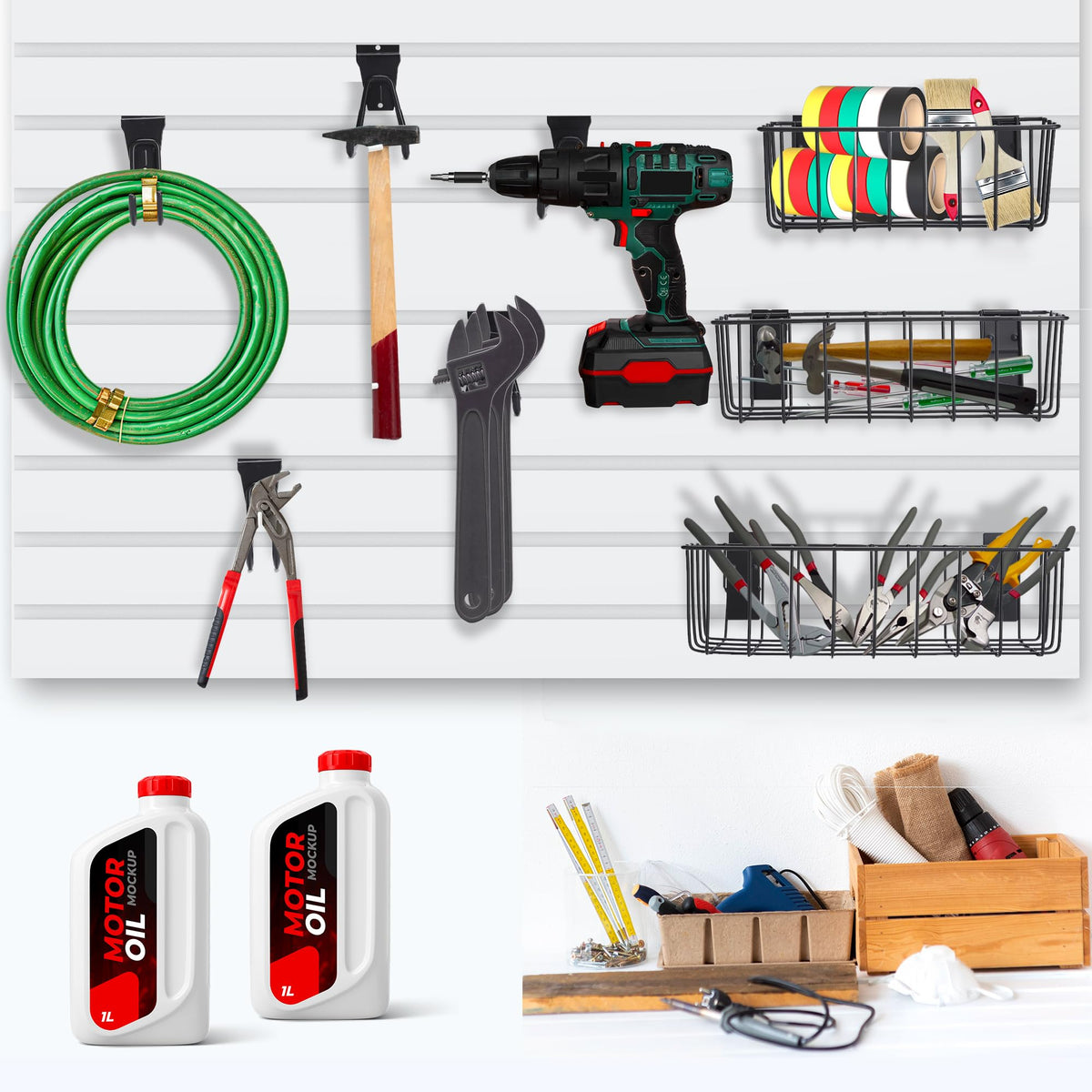 MENEONE Heavy-Duty Slatwall Baskets and Hooks - Slatwall Accessories for Standard Slatwall Panels | Ideal for Organizing Garages and Workshops MENEONE