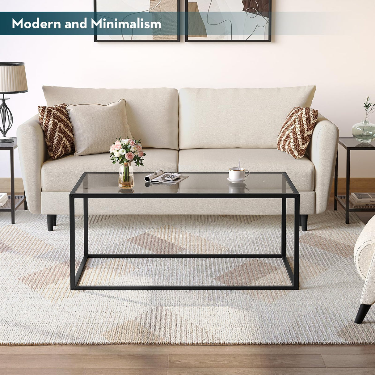 SAYGOER Glass Coffee Table Modern Coffee Tables Simple Rectangular Center Table with Open Space for Living Room Home Office,39.3 x 19.7 x 17.7Inches, Gray Black SAYGOER