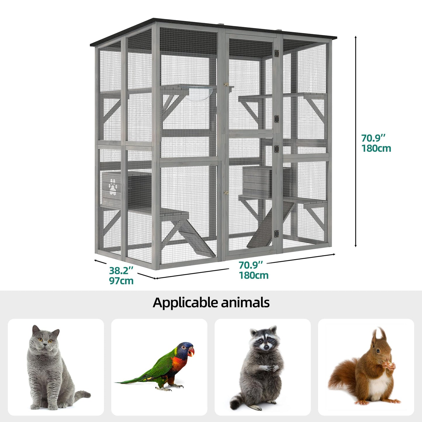 YITAHOME Catio Outdoor Cat Enclosure Large, Tall Wooden Cat House with Weatherproof Asphalt Roof, Cat Cage Playpen with Multiple Platforms & 2 Resting Boxes, 70.9" L x 38.2" W x 70.9" H