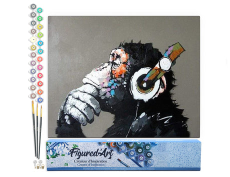 Figured'Art Paint by Numbers for Adults Monkey Wearing Headphones 16"x20" - Craft Art Painting DIY Kit Rolled Canvas Without Frame Figured'Art