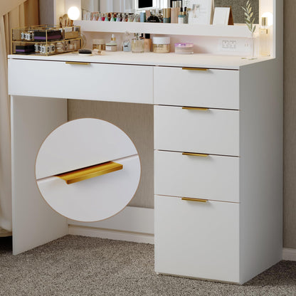 ALEXNUTRE Makeup Vanity Desk with Large Mirror and 13 LED Lights, Vanity Table with Power Outlet & 5 Drawers, 3 Lighting Color Adjustable, Vanity Desk for Bedroom and Dressing Room, White