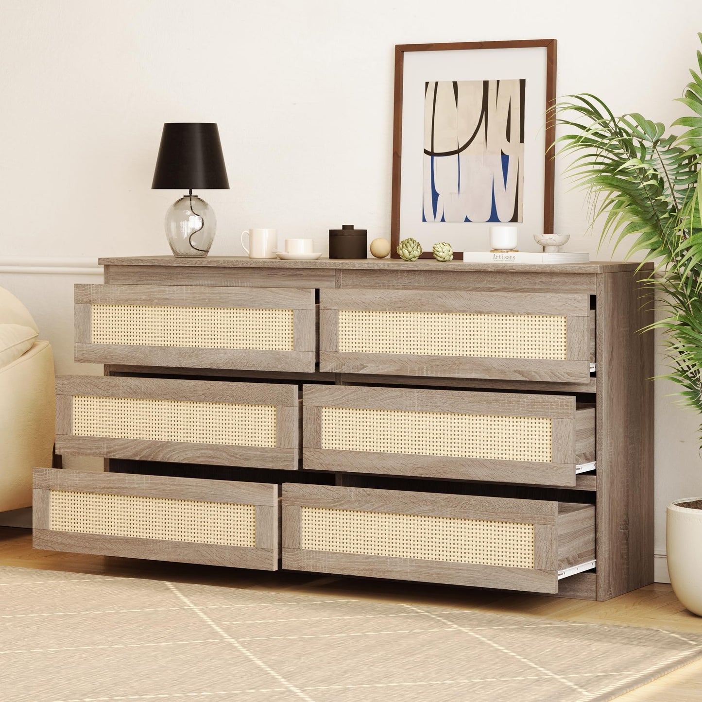 JASIWAY 6 Drawer Dresser for Bedroom - Rattan Dresser, Modern Chest of Dressers, Boho Dresser Chest, Beside Table for Closet, Long Nursery Dresser for Bedroom, Hallway, Entryway (Natural)