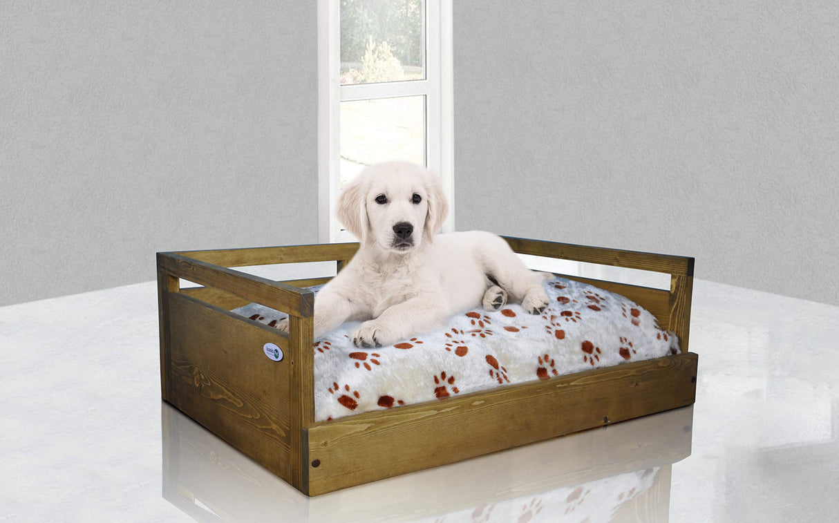 Iconic Pet Sassy Paws Wooden Pet Bed with Paw Printed Comfy Cushion for Dogs & Cats in Varying Sizes & Colors, Small-Rustic Brown Iconic Pet