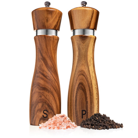 Gennua Kitchen Wooden Salt and Pepper Grinder Set: Refillable Salt & Pepper Mills Adjust for Customized Coarseness, Crafted of Solid Acacia Wood with Ceramic/Stainless Steel Core, 8 Inches Each Gennua Kitchen