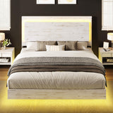 AMERLIFE Distressed White Full Bed Frame with Floating Design, Recline Headboard & Versatile RGB LED Lighting AMERLIFE
