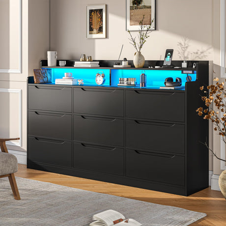 DurayLoly Modern Dresser for Bedroom with LED Light, 9 Drawer Black Dresser with Charging, Wooden Chest of Drawers, Large TV Stand for Bedroom DurayLoly