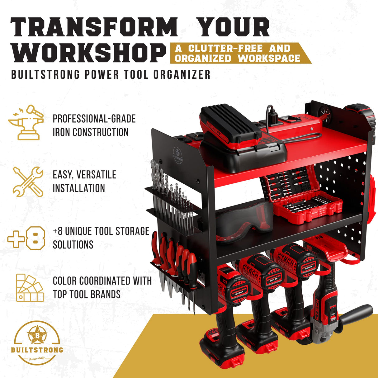 BUILTSTRONG Power Tool Organizer Wall Mount - 3-Tier Heavy-Duty Metal Hand Tool Storage Rack, Utility Racks, Drill Holder, PegBoard Side, & More - Garage Storage Cordless Tool Organizer (Red) BUILTSTRONG