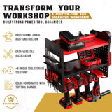 BUILTSTRONG Power Tool Organizer Wall Mount - 3-Tier Heavy-Duty Metal Hand Tool Storage Rack, Utility Racks, Drill Holder, PegBoard Side, & More - Garage Storage Cordless Tool Organizer (Red) BUILTSTRONG