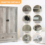 VINGLI Wide Armoire Wardrobe Closet with Hanging Rod, Adjustable Shelves and Drawer, Freestanding Wardrobe Closet with Doors, Bedroom Armoires and Wardrobes, Rustic Grey VINGLI
