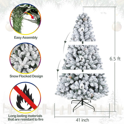 Hykolity 6.5 ft Snow Flocked Artificial Christmas Tree with Pine Cones, 764 Tips, Metal Stand and Hinged Branches