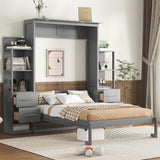 Ball & Cast Murphy Bed Cabinet Full Size,Wall Hideaway Bed with Shelves,can be Folded,Wood Foldable Frame W/Drawers and LED Lights,Slat Support,for for Apartment,Bedroom,Gray Ball & Cast