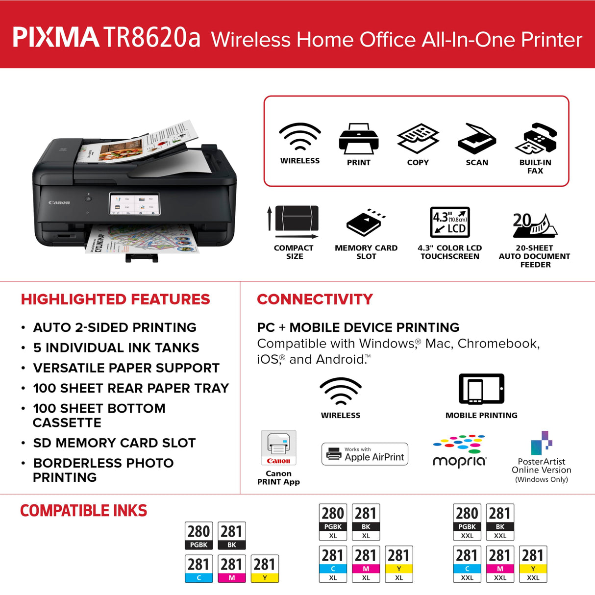 Canon PIXMA TR8620a - All-in-One Printer Home Office|Copier|Scanner|Fax|Auto Document Feeder | Photo, Document | Airprint (R), Android, Black, Works with Alexa Canon