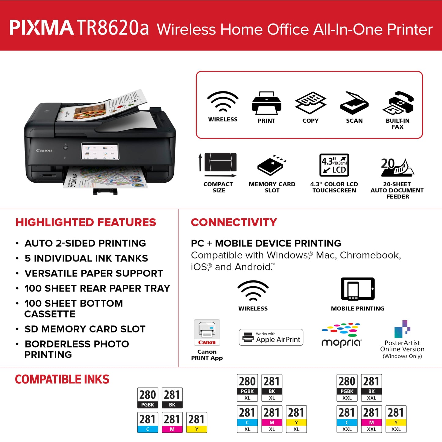 Canon PIXMA TR8620a - All-in-One Printer Home Office|Copier|Scanner|Fax|Auto Document Feeder | Photo, Document | Airprint (R), Android, Black, Works with Alexa