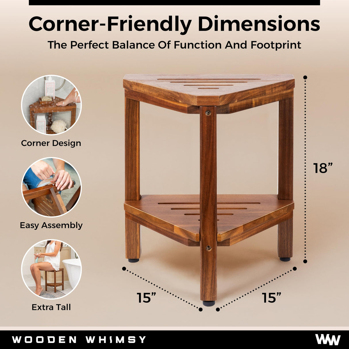 Teak Corner Shower Bench with Matching Soap Holder - Sturdy Waterproof Bathroom Stool Chair with Storage Shelf for Bathing Supplies - Bath Seat and Foot Rest for Shaving Legs - 15" x 15" x 18" Wooden Whimsy