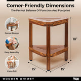 Teak Corner Shower Bench with Matching Soap Holder - Sturdy Waterproof Bathroom Stool Chair with Storage Shelf for Bathing Supplies - Bath Seat and Foot Rest for Shaving Legs - 15" x 15" x 18" Wooden Whimsy