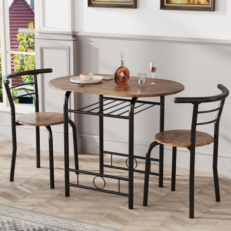 JUMMICO 3-Piece Wooden Round Table & Chair Set, Space Saving Kitchen Breakfast Nook Wood Grain Tabletop with Metal Frame and Built-in Wine Rack for JUMMICO