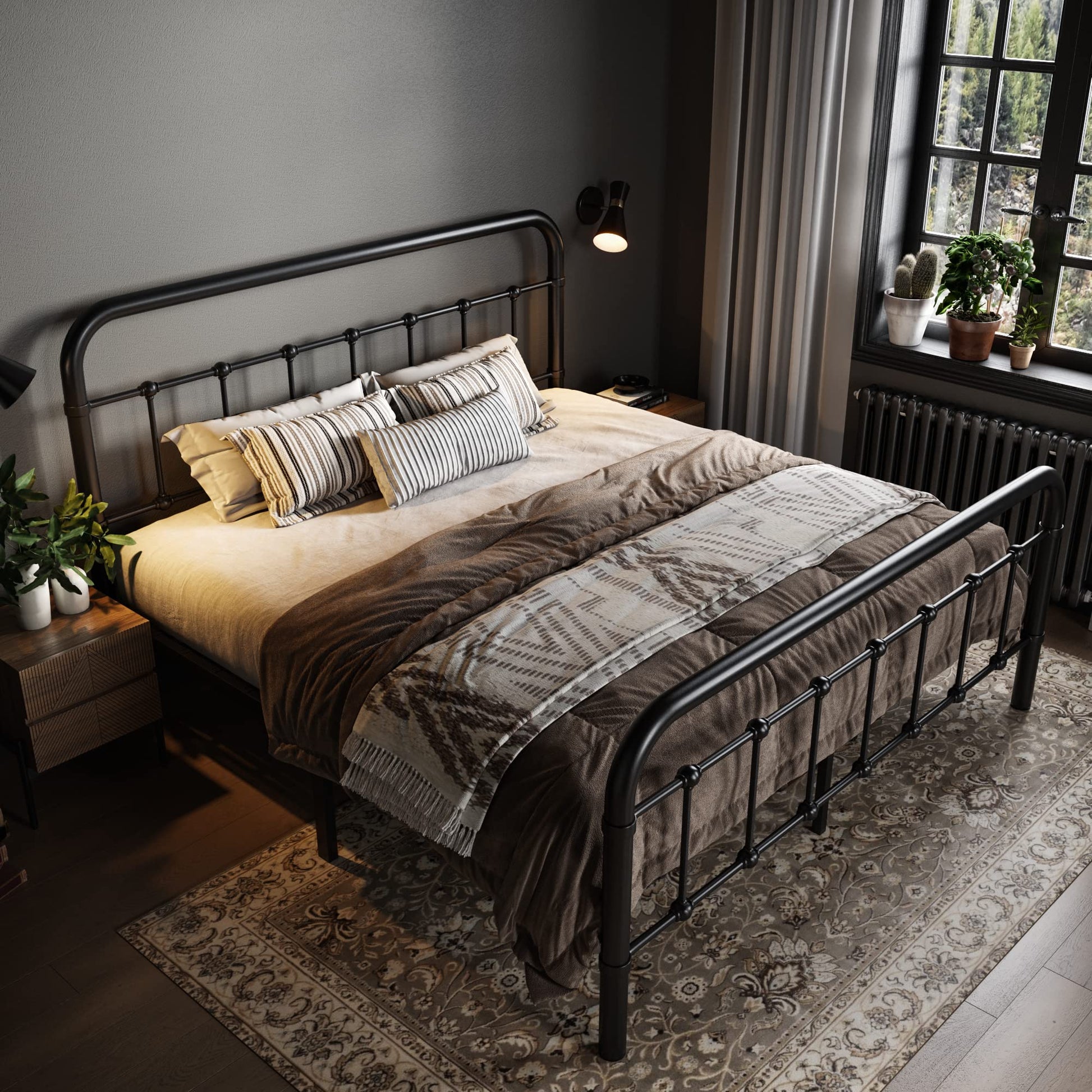 Allewie Queen Size Metal Platform Bed Frame with Victorian Style Wrought Iron-Art Headboard/Footboard, No Box Spring Required, Black - WoodArtSupply