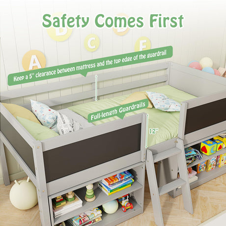 KOMFOTT Twin Size Low Loft Bed, Kids Loft Bed Frame with Movable Storage Shelves, Chalkboard & Ladder, Solid Wood Twin Bed with Under-Bed Play Area for Kids, Boys & Girls, No Box Spring Needed, Grey KOMFOTT