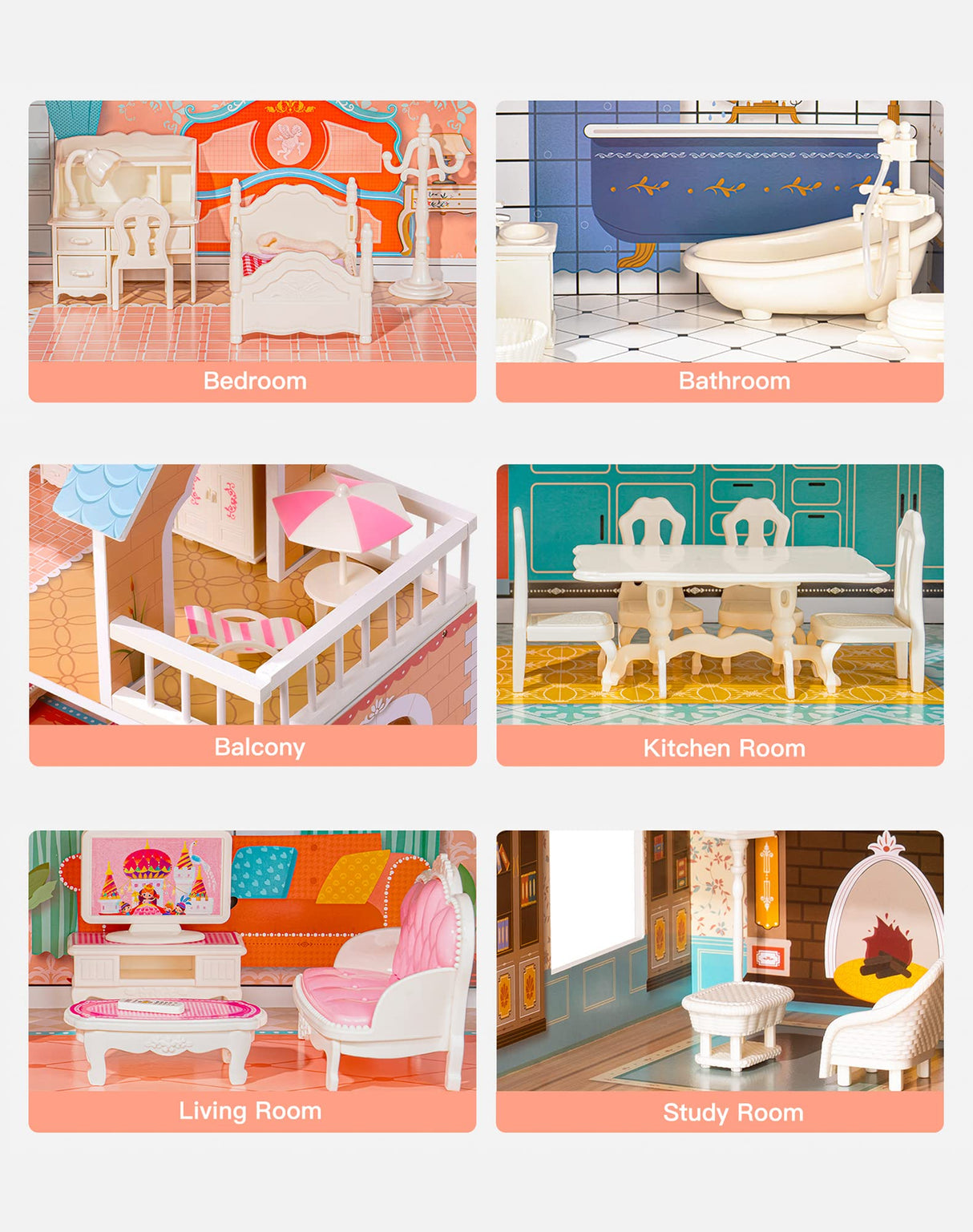 ROBOTIME Doll House Wooden Dollhouse for Kids 3 4 5 6 Years Old, Doll House w/28PCS Furniture Plastic, for 3.3”Dolls, Birthday Presents for Toddler 3+ ROBOTIME