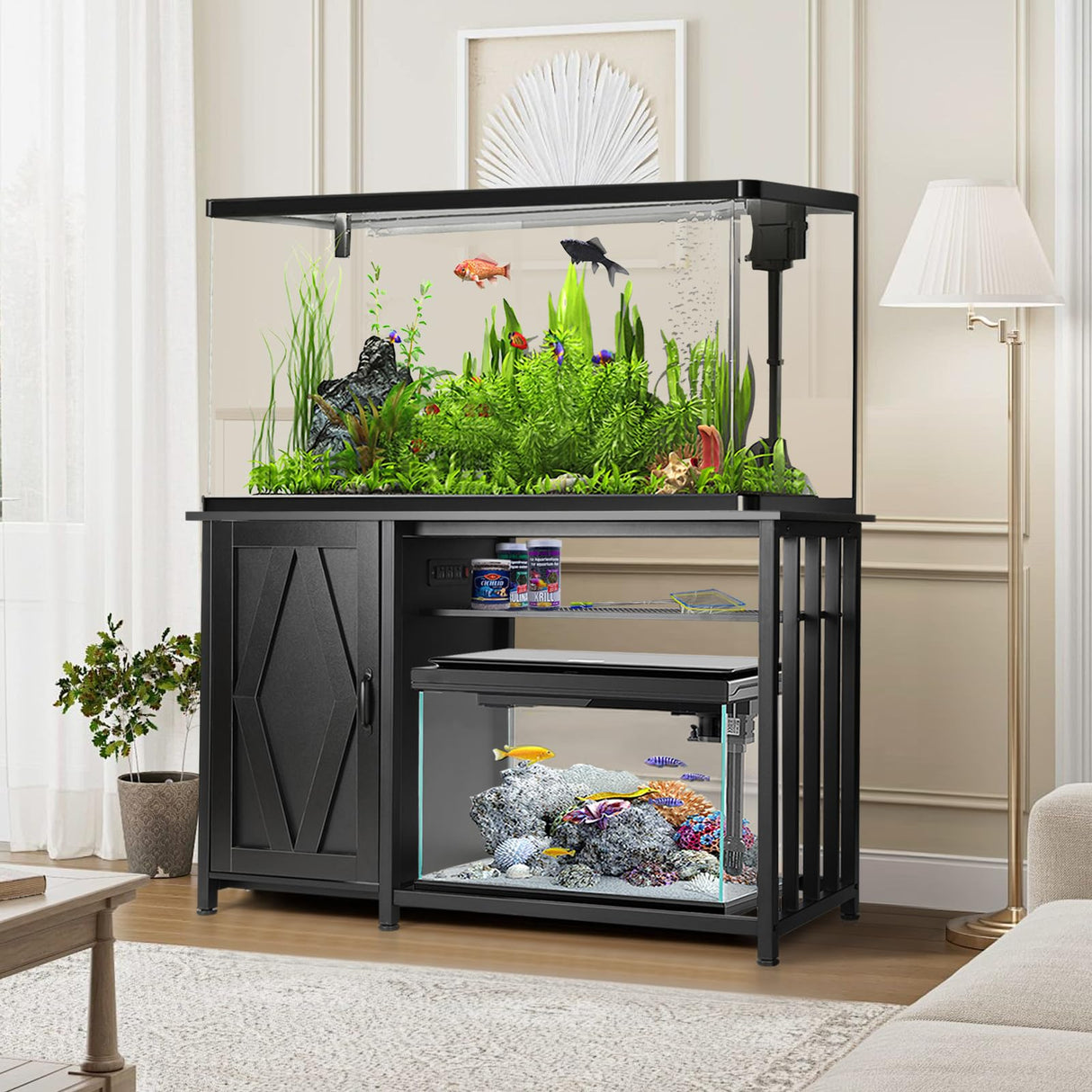 VOWNER 55-75 Gallon Fish Tank Stand, Aquarium Stand with Power Outlets, Cabinet for Fish Tank Accessories Storage, Heavy Duty Metal Frame, Suitable for Fish Tank, Turtle Tank, 1200LBS Capacity, Black VOWNER
