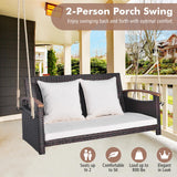 Tangkula Patio Rattan Porch Swing, 2-Person Hanging Chair with Seat & Back Cushions, Reinforced Metal Frame & 2 Hanging Hemp Ropes, Wicker Woven Swing Loveseat for Backyard, Front Porch (Off White) Tangkula