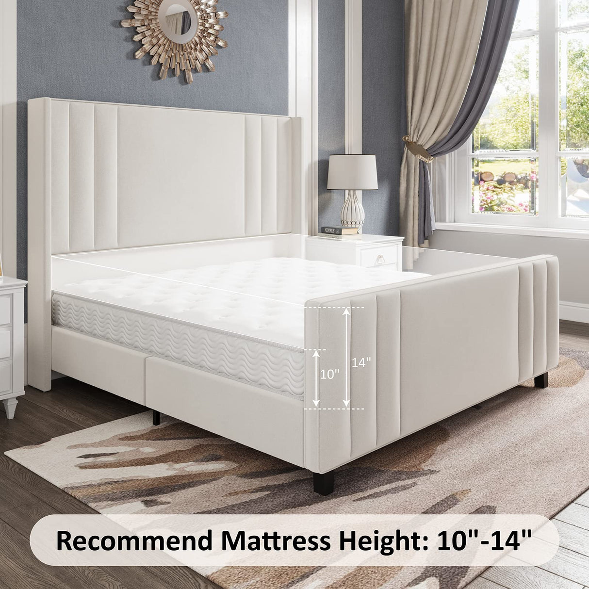Albott King Size Platform Bed Frame, Upholstered Bed with Vertical Channel Tufted Wingback Headboard & Footboard, Premium Velvet, No Box Spring Needed, Cream Albott