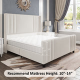 Albott King Size Platform Bed Frame, Upholstered Bed with Vertical Channel Tufted Wingback Headboard & Footboard, Premium Velvet, No Box Spring Needed, Cream Albott
