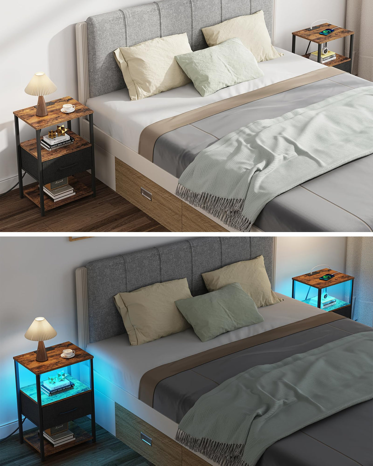 TUTOTAK LED End Table, Side Table with Charging Station, Nightstand Set of 2, Bedside Table with Fabric Drawer, Couch Table for Livingroom and Bedroom, Brown TB01BB0692L TUTOTAK