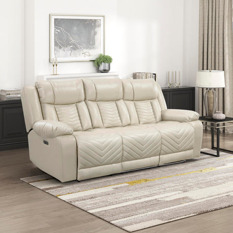 Lexicon Wall Hugger Power Double Reclining Sofa with Center Drop-Down Table, Faux Leather Home Theater Seating with LED Lighting/USB Charging Ports/Wireless Charger/Cup Holders, Magazine Pocket, Beige Lexicon