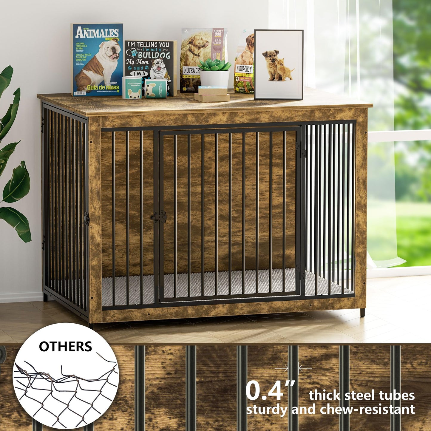 BREEZEHEAT Dog Crate Furniture with Cushion, 44'' Wooden Dog Crate Kennel with Double Doors, Heavy-Duty Dog Cage End Table for Small/Medium/Large Dog, Indoor Dog House, Rustic Brown