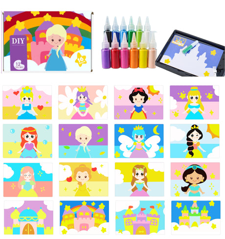 MoimTech Sand Art Kits for Kids,16 Arts and Crafts Designs,Sheet Sand Art Painting Cards,Princess and Castle Theme,Reusable Sand Tray 12 Color Sands & Tools,Stocking Stuffers for Kids MoimTech