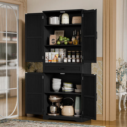 72" Kitchen Pantry Storage Cabinet, Farmhouse Storage Cabinet with Adjustable Shelves, Large Capacity Storage Cabinet with Drawer,Freestanding Cupboard for Kitchen, Dining Room, Living Room, Black