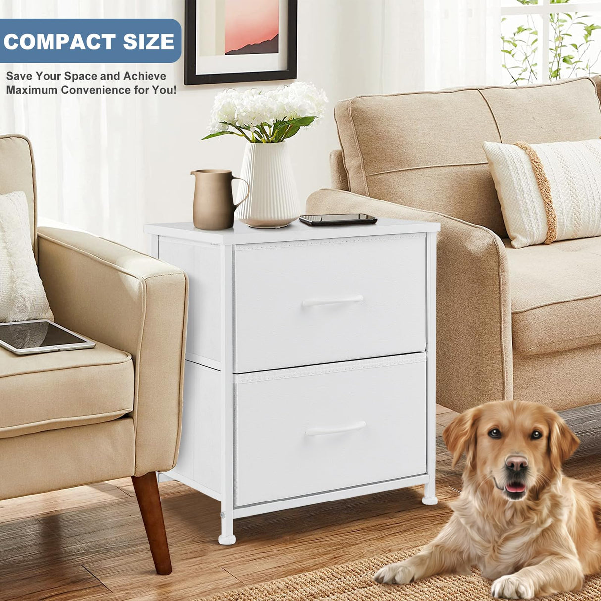 DUMOS Nightstand Small Dresser with 2 Fabric Drawers Side Tables Bedroom End Table Kids Bedside Storage Furniture for 20 inch Tall Night Stand for Closet, Entryway, College Dorm, White(2 Pack) DUMOS