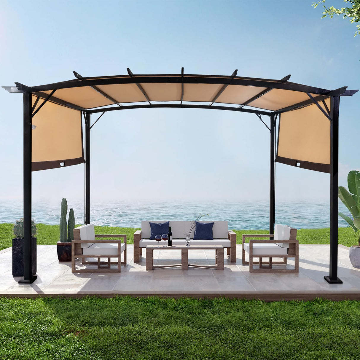 VINGLI 9’ x 12’ Outdoor Pergola with Adjustable Canopy, Steel Arched Patio Pergola Grape Trellis Pavilion Grill Gazebo for Backyard and Garden (Beige-9'x12') VINGLI
