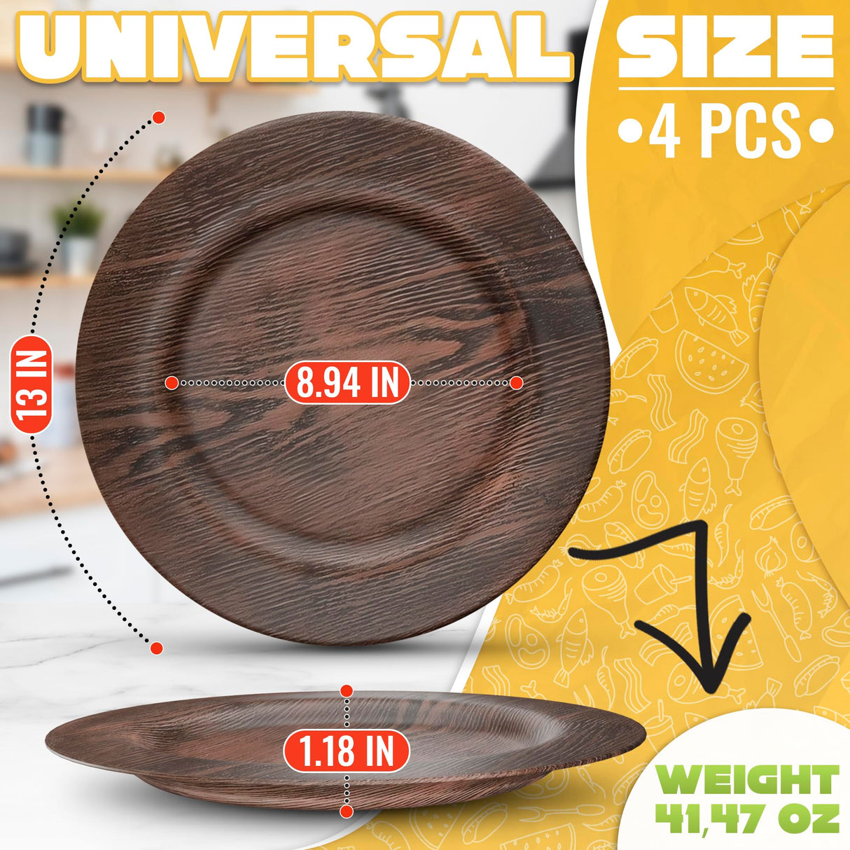 13'' Round Plastic Wood Charger Plates Set of 4 Chargers In Bulk Rustic Wood Round Table Charger Wedding Party Chargers Plate Set for 4 - 13 inch Rustic Kitchen Wood Plate Charger Wedding Table Decor BURIUS