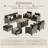 CAODOC 8-Piece Outdoor Wicker Patio Set with 9 Seats, Including 53" Fire Pit - Sectional Sofa and Conversation Set for Backyard or Lawn, Gray Rattan with Waterproof Black Cushions CAODOC