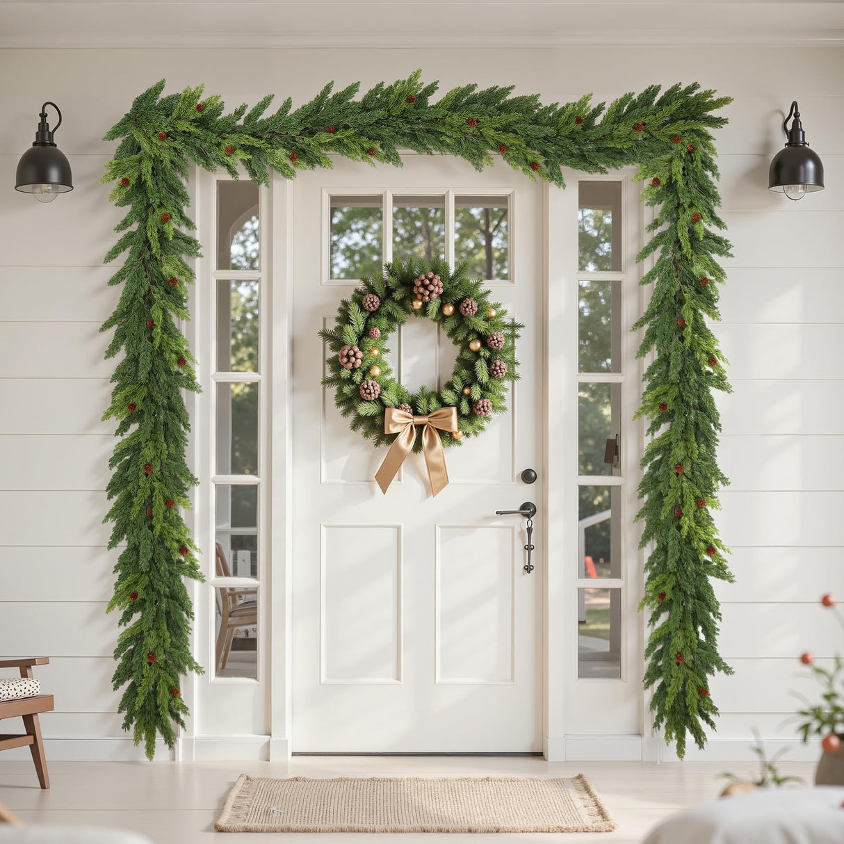 2PCS Christmas Garland, Cedar Garland -Realistic Greenery Cypress Pine Garland with Pinecone for Mantle Table Railing Fireplace Indoor & Outdoor Christmas Decoration Alupssuc