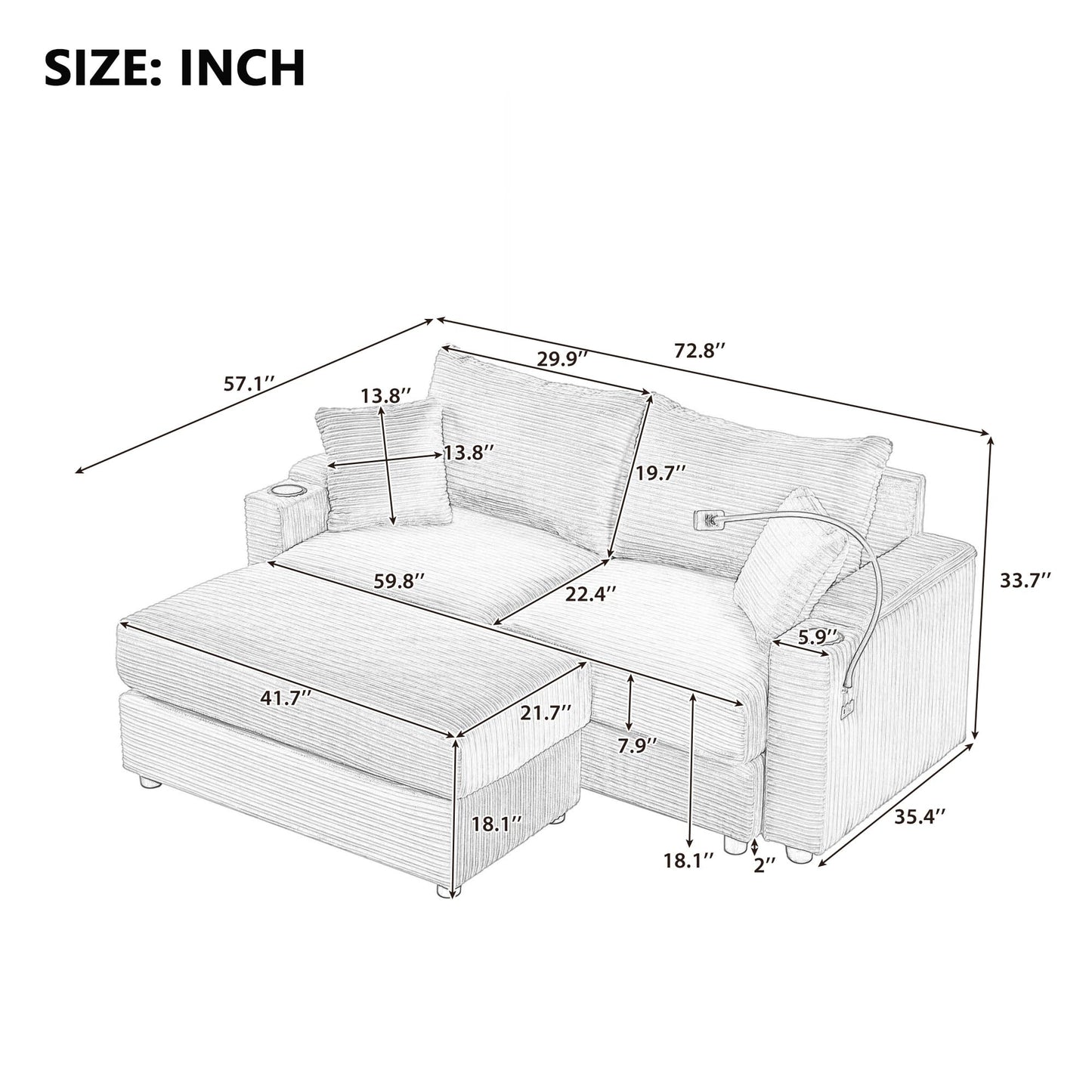 Deep Seat Modular Sectional Sofa Cloud Couch with Movable Ottoman, Corduroy Upholstered Oversized Loveseat Convertible Sleeper Sofabed Lounge Daybed w/Cup Holders & 2 USB Ports & Phone Holder