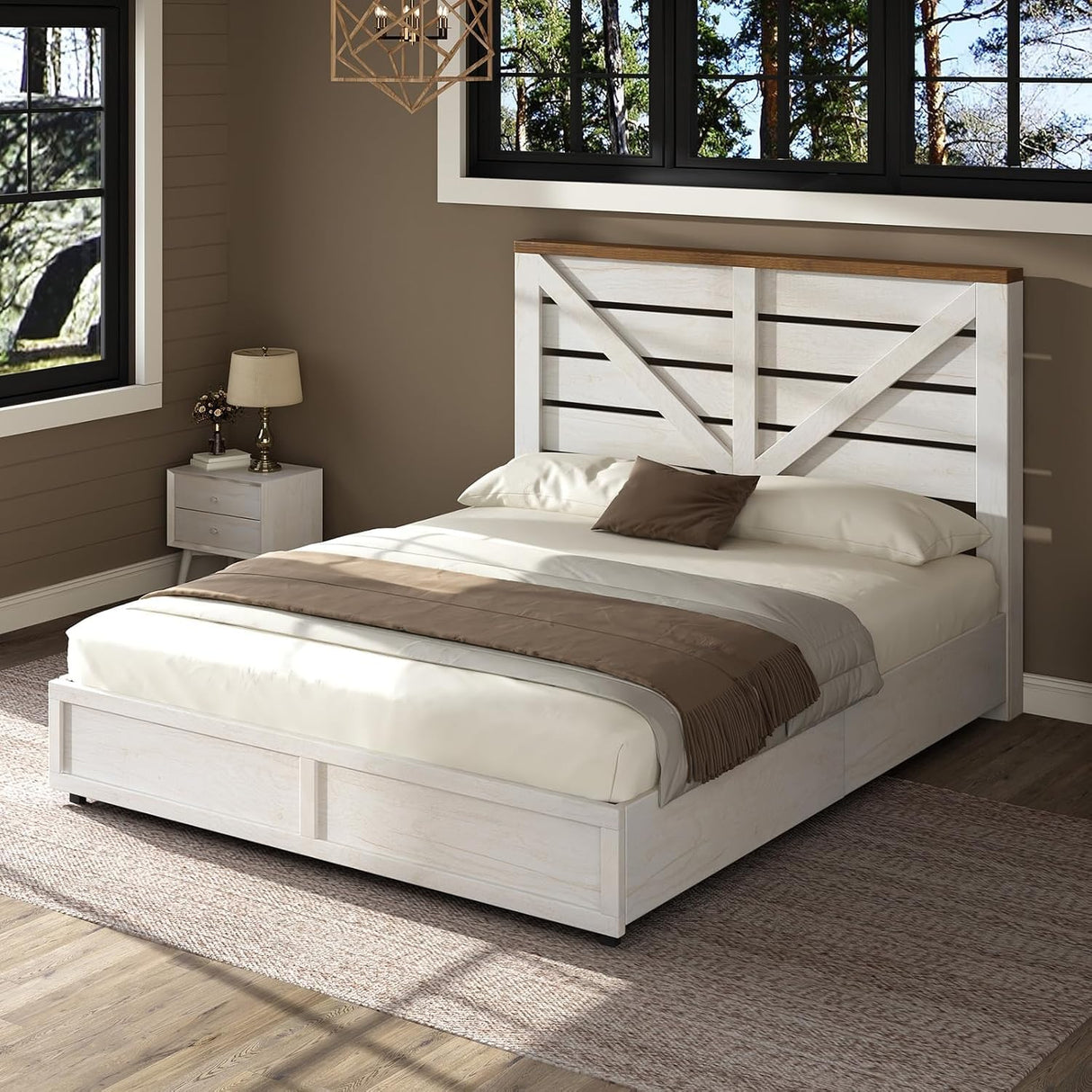 AMERLIFE Full Size Farmhouse Bed Frame with 4 Drawers, Wooden Storage Bed Frame with Headboard and Heavy Duty Metal Slats, Noisy Free, Easy Assemble, White/Barnwood AMERLIFE