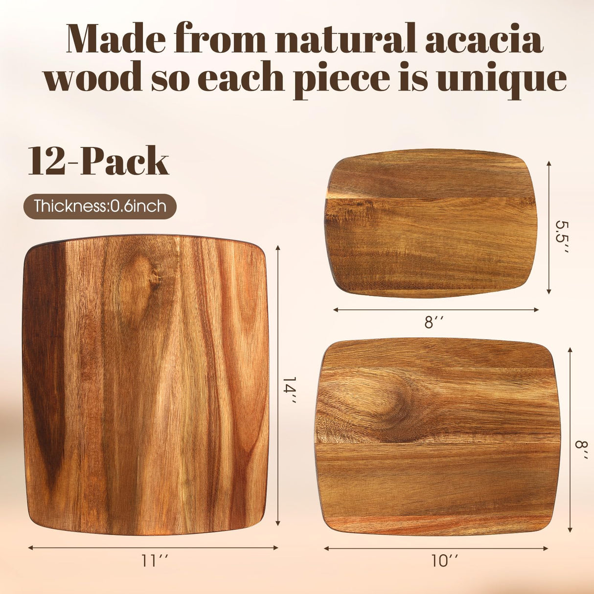 GlikCeil 12 Pcs Thick Acacia Wood Cutting Boards for Kitchen Reversible Wooden Chopping Board Set Double Sided Charcuterie Boards for Meat Cheese Meal, 14 x 11 Inches, 10 x 8 Inches, 8 x 5.5 Inches GlikCeil
