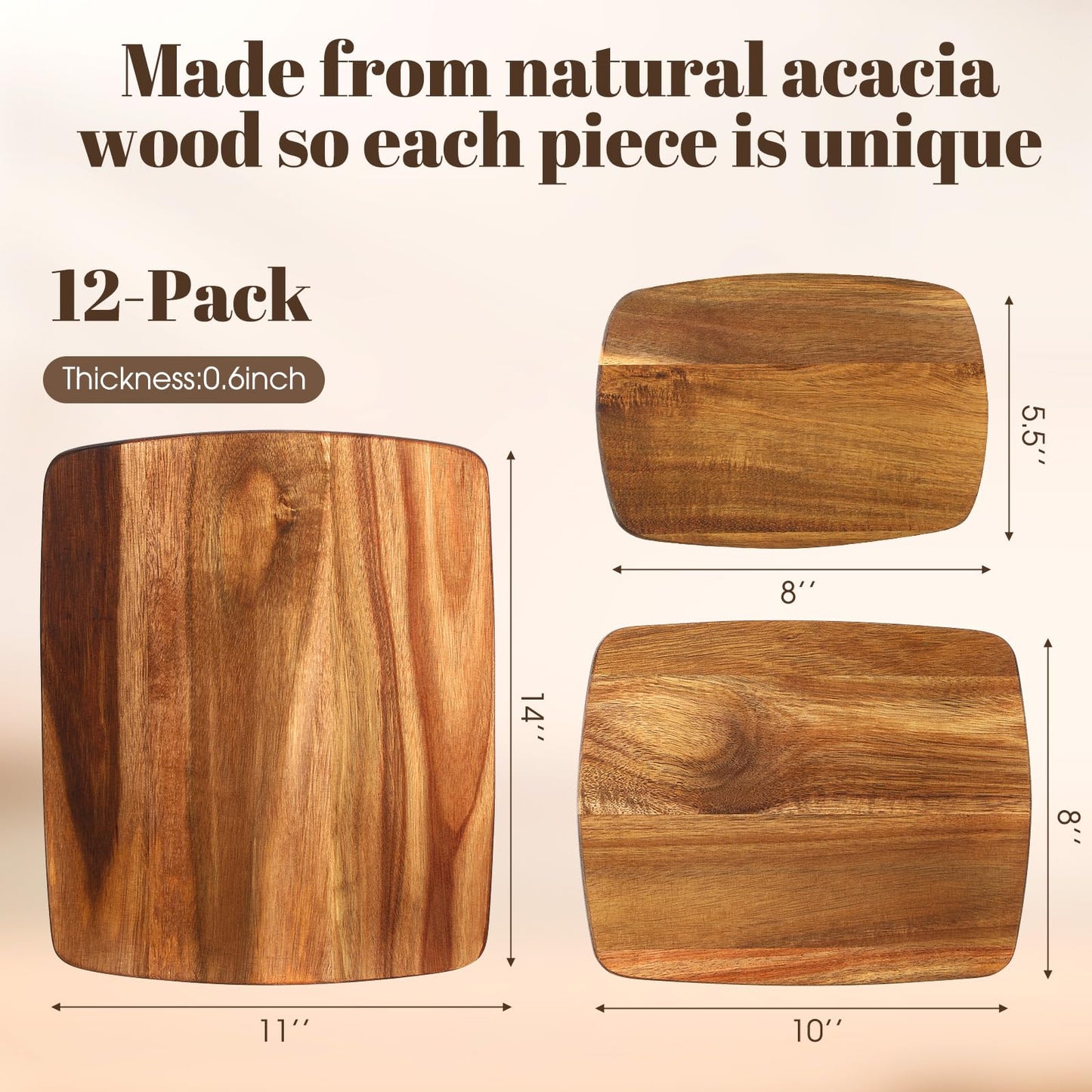 GlikCeil 12 Pcs Thick Acacia Wood Cutting Boards for Kitchen Reversible Wooden Chopping Board Set Double Sided Charcuterie Boards for Meat Cheese Meal, 14 x 11 Inches, 10 x 8 Inches, 8 x 5.5 Inches