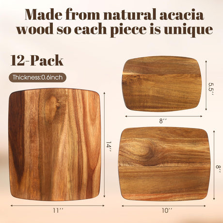 GlikCeil 12 Pcs Thick Acacia Wood Cutting Boards for Kitchen Reversible Wooden Chopping Board Set Double Sided Charcuterie Boards for Meat Cheese Meal, 14 x 11 Inches, 10 x 8 Inches, 8 x 5.5 Inches GlikCeil