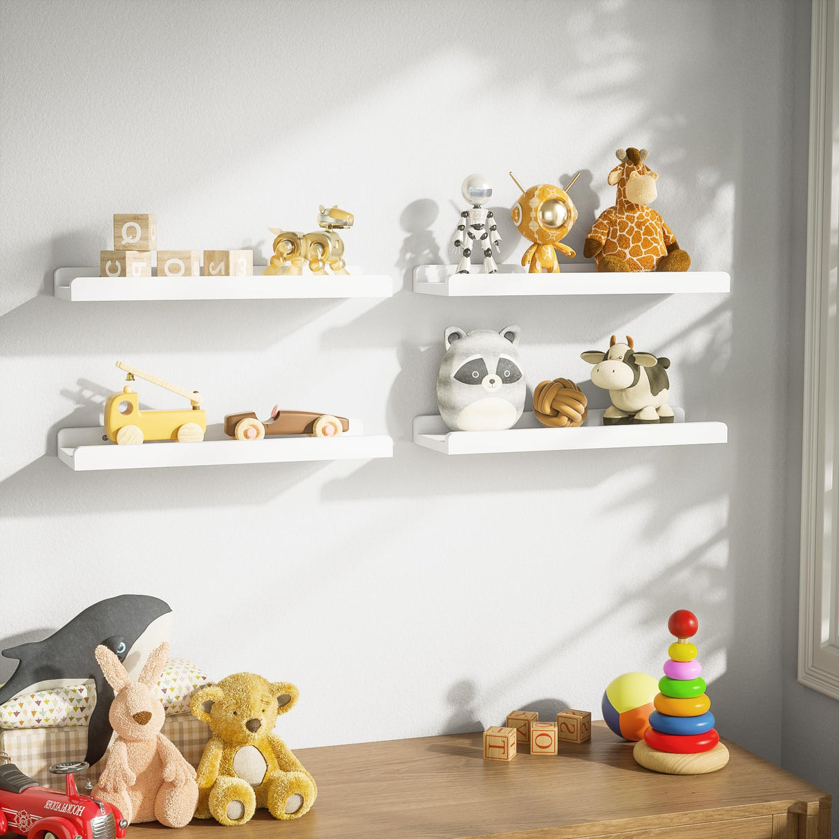 Love-KANKEI White Floating Shelves for Wall Set of 4, Wood Wall Shelves with Lip,15.6 Inch Rustic Hanging Shelves for Bedroom Bathroom Living Room Kitchen Nursery Display Love-KANKEI