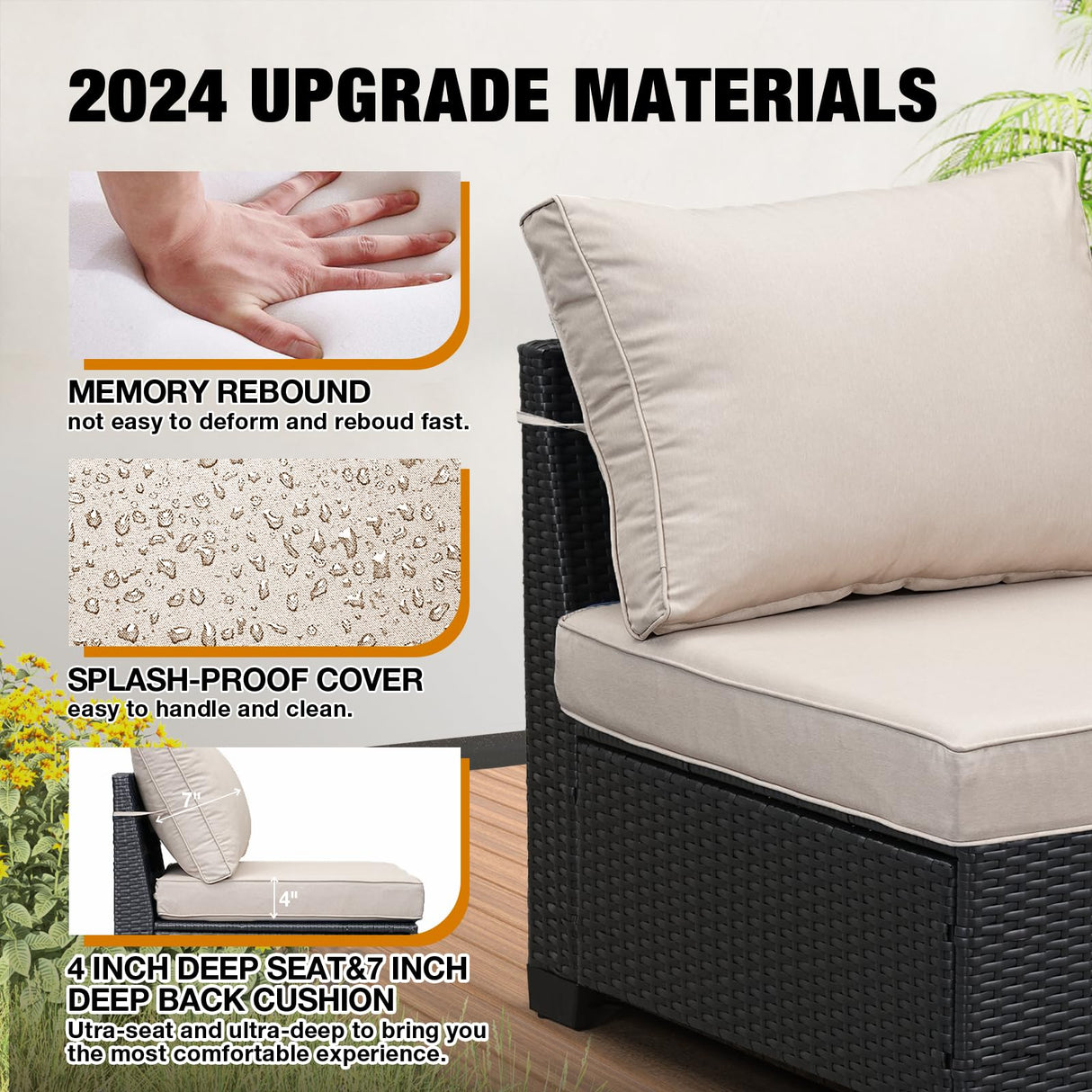 JOYURE 6PCS Patio Furniture Set Outdoor Wicker All-Weather Sectional Conversation Sofa Rattan Patio Seating with Cushion and Glass Table for Porch Poolside,Beige JOYURE