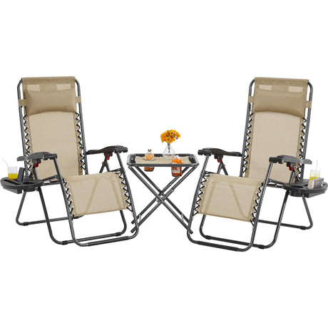 Yaheetech 3PCS Zero Gravity Recliner Portable Outdoor Reclining Chair Set w/Side Table Folding Chaise Lounge Chairs for Patio Beach Deck Garden Pool Beige Yaheetech