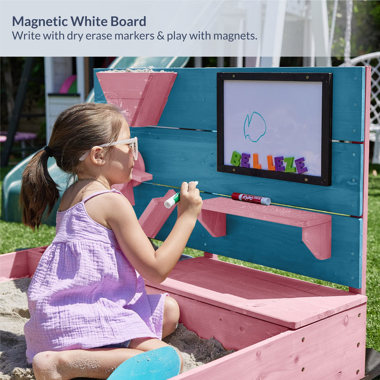 BELLEZE Wooden Sandbox, 49x39in Kids Sand Pit for Backyard, Outdoor Sandbox with Cover and Bottom Liner, Built-in Corner Seating, Bench Storage, Sand Toy Wall and Magnetic White Board (Pink) BELLEZE