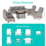 Muphyers 10-Piece Outdoor Patio Furniture Set with Rocking Swivel Chair, PE Wicker Rattan Sectional Sofa Patio Conversation Set with 55,000 BTU Fire Pit Table & Coffee Table, Grey Muphyers