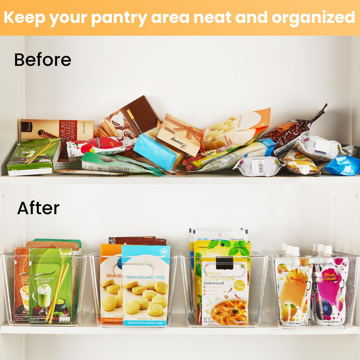 YIHONG 6 Pack Clear Pantry Organizer Bins, Plastic Containers with Handle for Kitchen,Freezer,Cabinet,Closet,Bathroom Under Sink Storage YIHONG