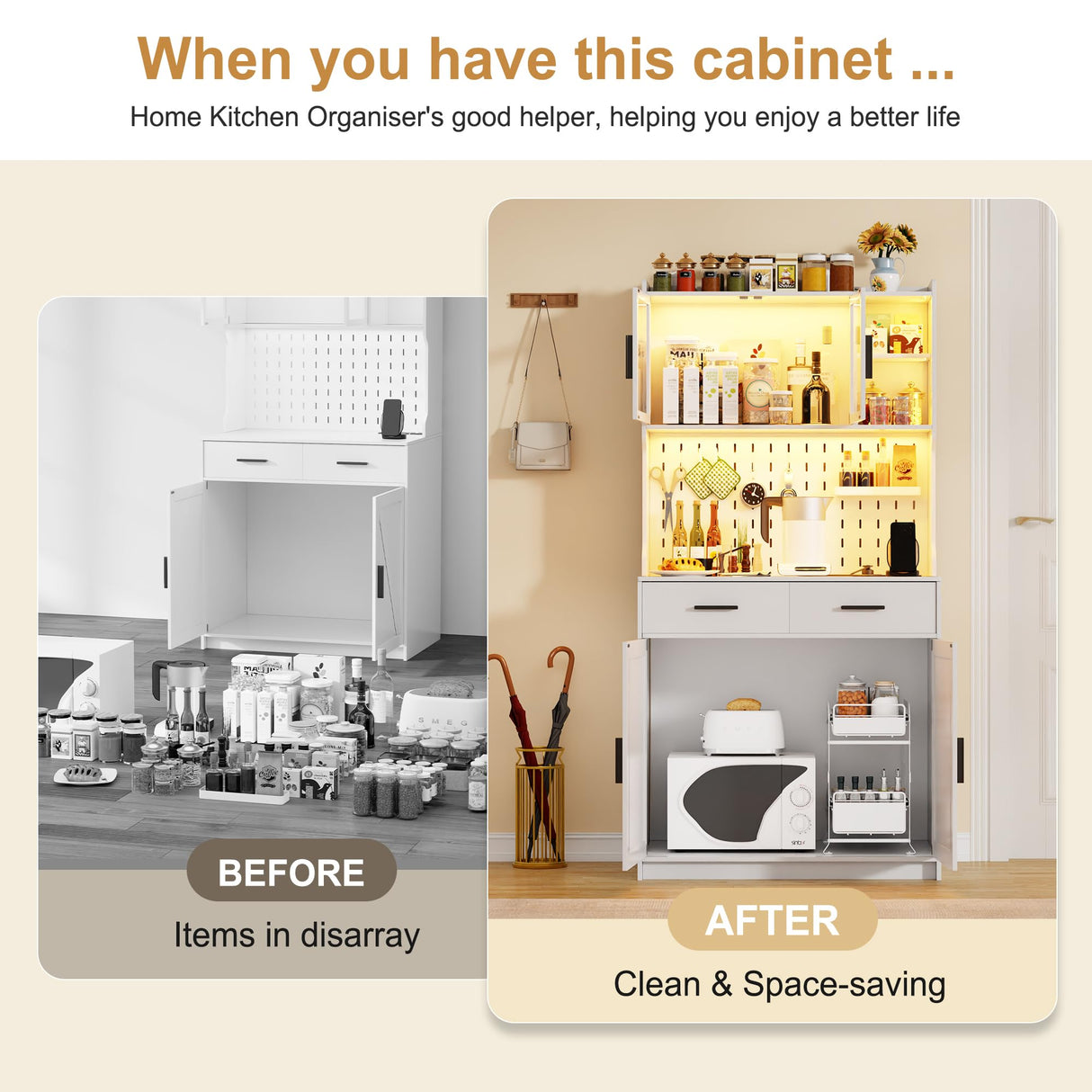 MDGC White LED Kitchen Pantry Cabinet with Charging Station, Adjustable Shelves, and Hooks for Versatile Storage MDGC